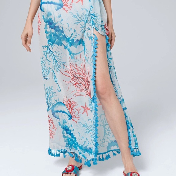 WHBM sarong pareo in jellyfish print in coral & scuba blue. Tie waist. OS - Picture 7 of 8